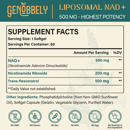 GENOBBELY 800 mg Liposomal NAD+ Supplement with Nicotinamide Riboside 200 mg, Trans-Resveratrol 100 mg - True NAD Supplement for DNA Repair, Healthy Aging, Brain Function - 60-Day Supply - Maple Wellness Supplements