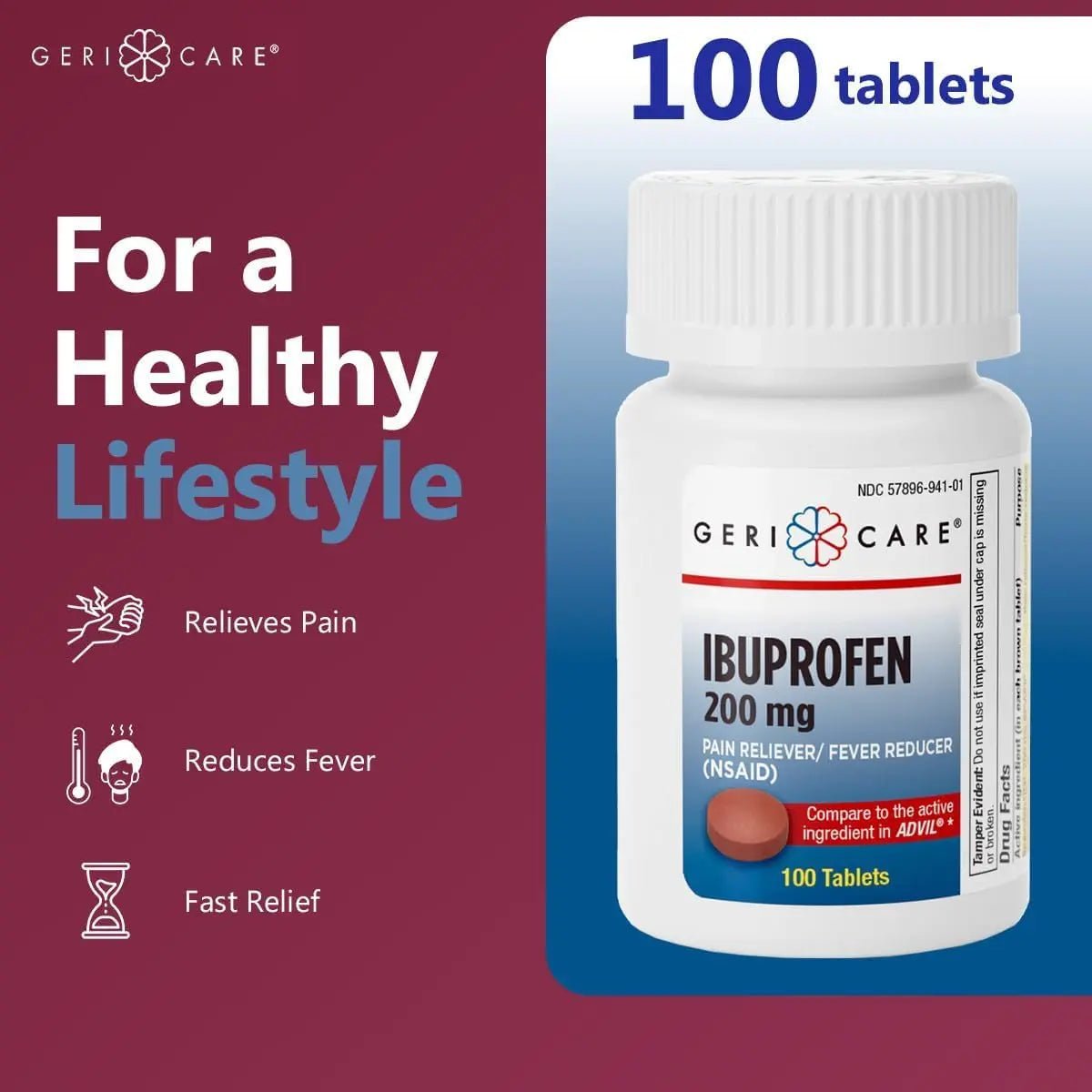 Geri Care IBUPROFEN Pain Relief Tablets (100 Count) - Maple Wellness Supplements