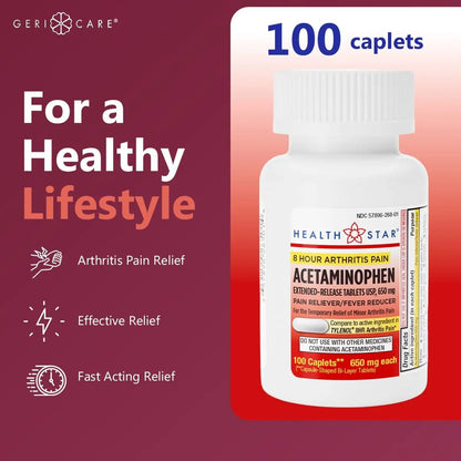 GeriCare Acetaminophen Extended-Release Arthritis 650mg Caplets, Pain Reliever, Arthritis Symptoms, Fever Reduction, 100 Count (Pack of 1) - Maple Wellness Supplements