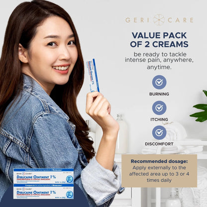 GeriCare Dibucaine Hemorroid Ointment 1% Pain-Relief Hemorrhoid Cream |Hemorroidal & Topical Analgesic| Quick Relief from Burning & Itching | Fast-Acting External Hemorrhoid Treatment 1oz (2 Pack) - Maple Wellness Supplements
