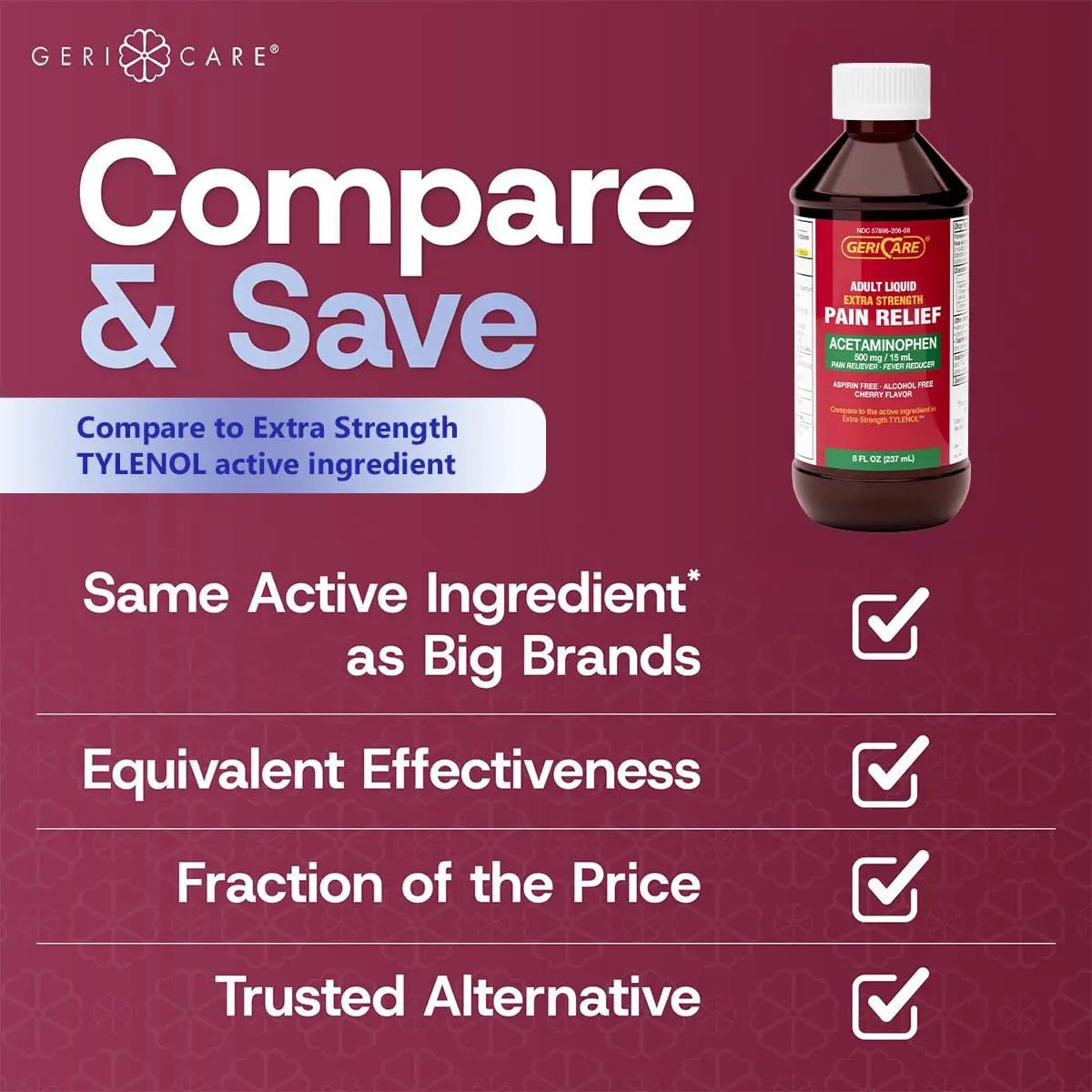 GeriCare Extra Strength Acetaminophen 500 mg Adult Liquid Pain Relief, Fever Reducer, 8 FL OZ (Pack of 1) - Maple Wellness Supplements