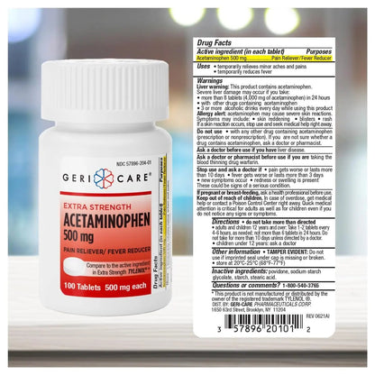 GeriCare Extra Strength Acetaminophen Pain Relief Fever Reducer Tablets, Strength 500mg Tablet | Joint, Muscle, Arthritis, Back Pain, Body Pain Relief, 100 Count (Pack of 2) - Maple Wellness Supplements