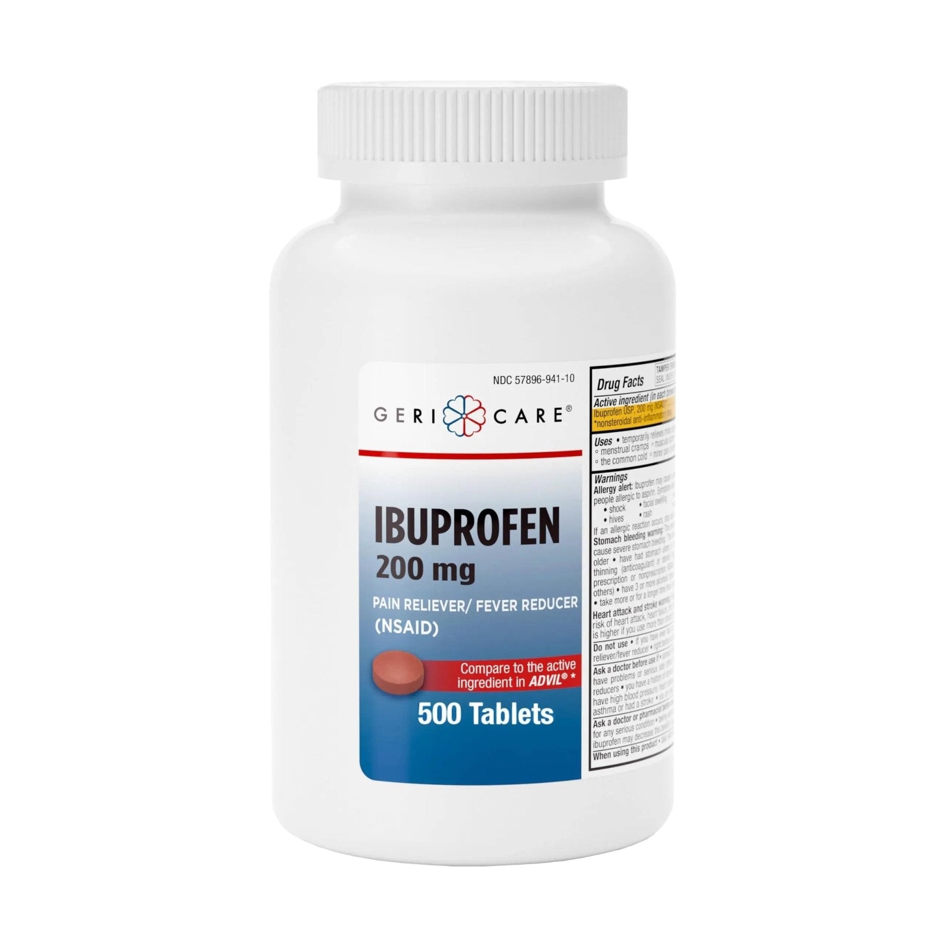 GeriCare Ibuprofen 200mg, Pain Reliever, Fever Reducer, Relieves Body Aches, 500 Count (Pack of 1) - Maple Wellness Supplements