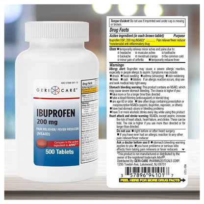 GeriCare Ibuprofen 200mg, Pain Reliever, Fever Reducer, Relieves Body Aches, 500 Count (Pack of 1) - Maple Wellness Supplements