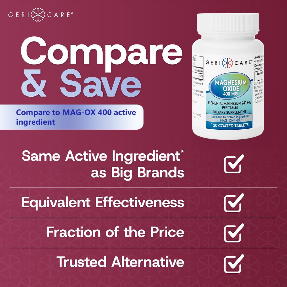 GeriCare Magnesium Oxide Supplement 240 mg of Elemental Magnesium, 120 Tablets, Essential Mineral Support, Promotes Vascular Health, Bone Strength, and Muscle Function (Pack of 1) - Maple Wellness Supplements