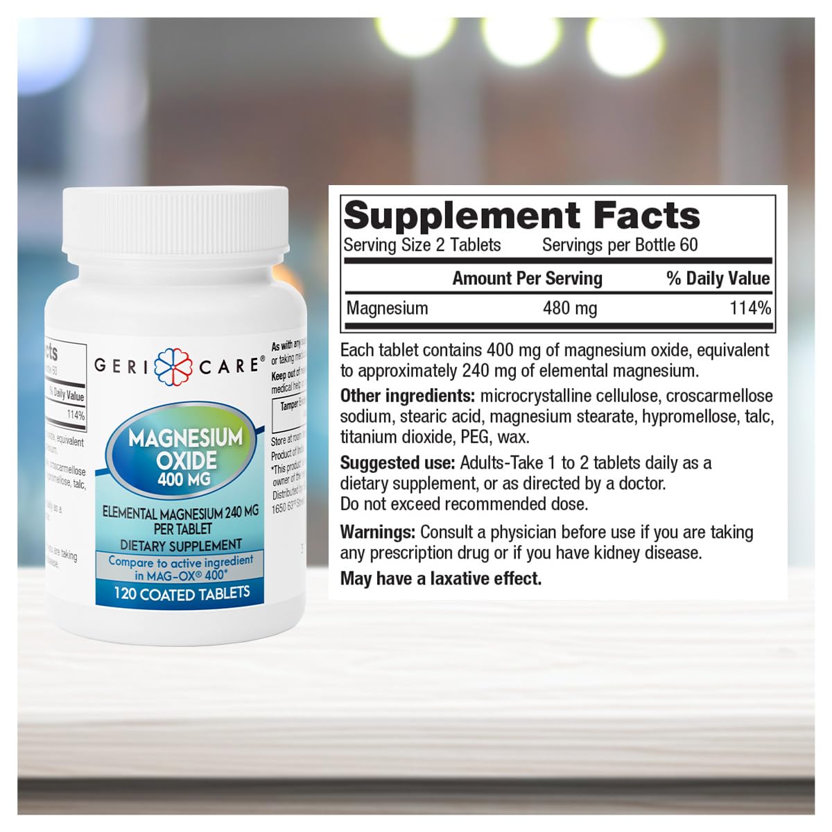 GeriCare Magnesium Oxide Supplement 240 mg of Elemental Magnesium, 120 Tablets, Essential Mineral Support, Promotes Vascular Health, Bone Strength, and Muscle Function (Pack of 1) - Maple Wellness Supplements