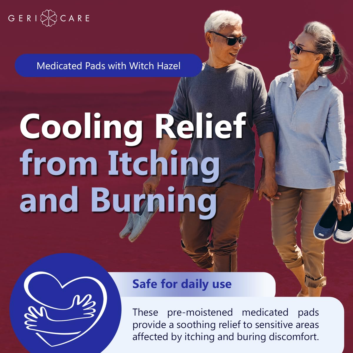 GeriCare Medicated Cooling Pads with Witch Hazel. for Soothing Itch, Discomfort, and Burning, Pre-Moistened Pads Ideal for Sensitive Areas, 100 Count (Pack of 1) - Maple Wellness Supplements