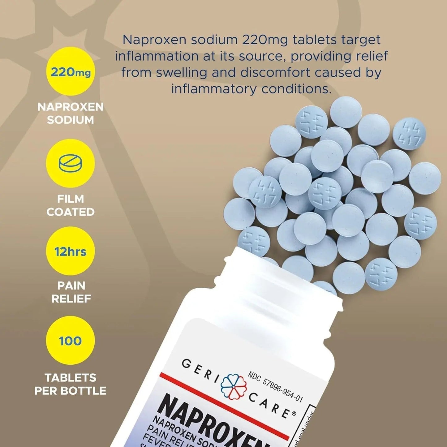 GeriCare Naproxen Sodium Tablets, 220mg (100 Count)- NSAID Extra-Strength Pain Relief for Headache, Arthritis, Muscle Aches, Menstrual Cramps- Film-Coated Naproxen, Anti-Inflammatory & Fever Reducer - Maple Wellness Supplements