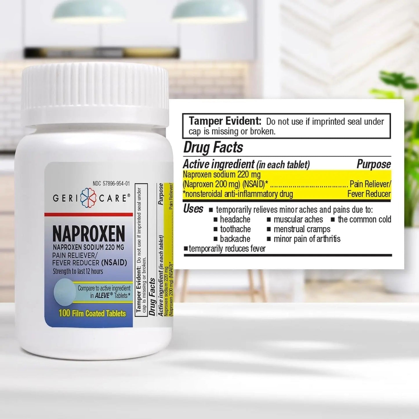 GeriCare Naproxen Sodium Tablets, 220mg (100 Count)- NSAID Extra-Strength Pain Relief for Headache, Arthritis, Muscle Aches, Menstrual Cramps- Film-Coated Naproxen, Anti-Inflammatory & Fever Reducer - Maple Wellness Supplements