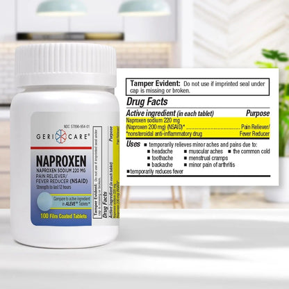 GeriCare Naproxen Sodium Tablets, 220mg (100 Count)- NSAID Extra-Strength Pain Relief for Headache, Arthritis, Muscle Aches, Menstrual Cramps- Film-Coated Naproxen, Anti-Inflammatory & Fever Reducer - Maple Wellness Supplements