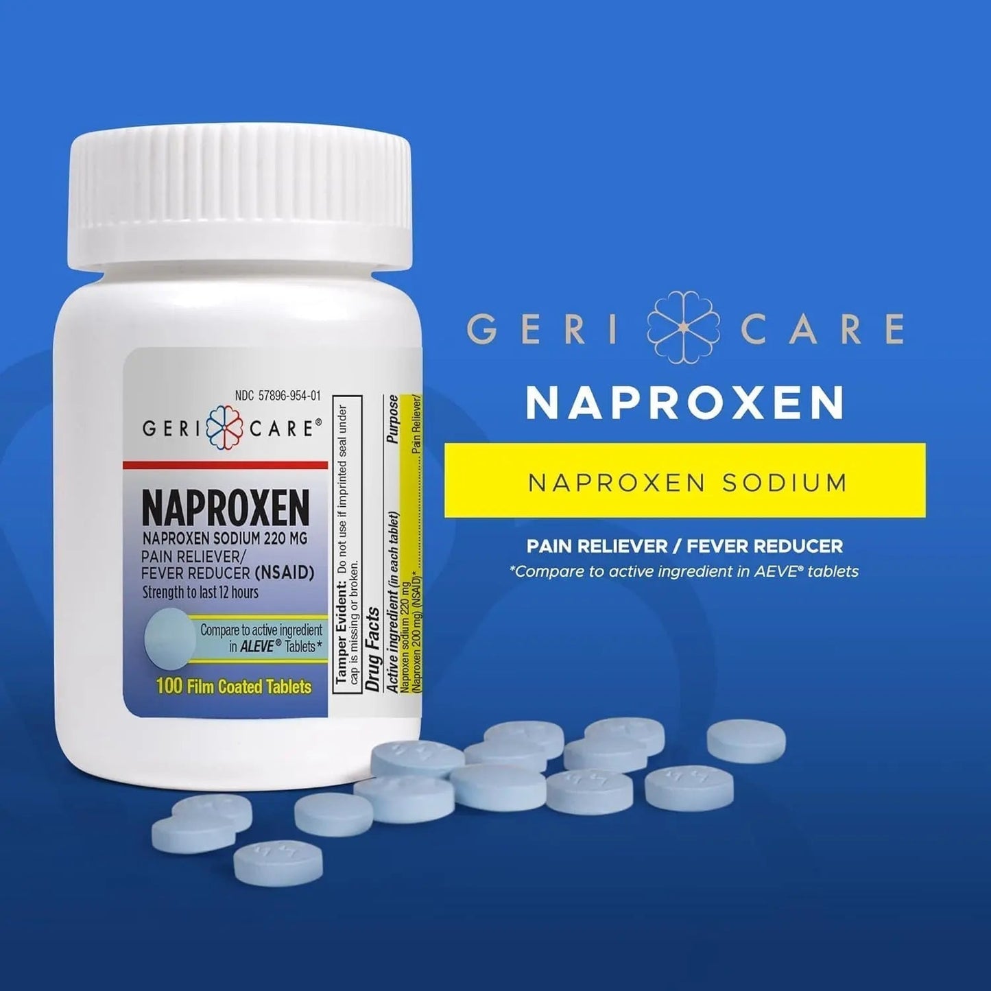 GeriCare Naproxen Sodium Tablets, 220mg (100 Count)- NSAID Extra-Strength Pain Relief for Headache, Arthritis, Muscle Aches, Menstrual Cramps- Film-Coated Naproxen, Anti-Inflammatory & Fever Reducer - Maple Wellness Supplements
