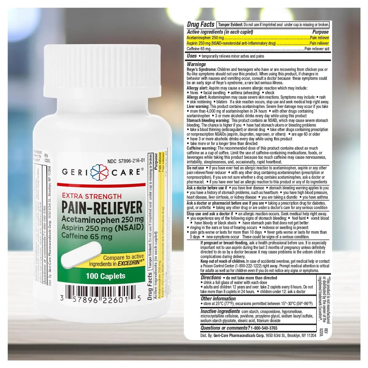 GeriCare Pain Reliever Extra Strength Caplets – 100 Count – Acetaminophen 250mg, Aspirin 250mg (NSAID), Caffeine 65mg – Powerful Triple-Action Formula for Headaches, Migraines & Minor Aches (2 Pack) - Maple Wellness Supplements