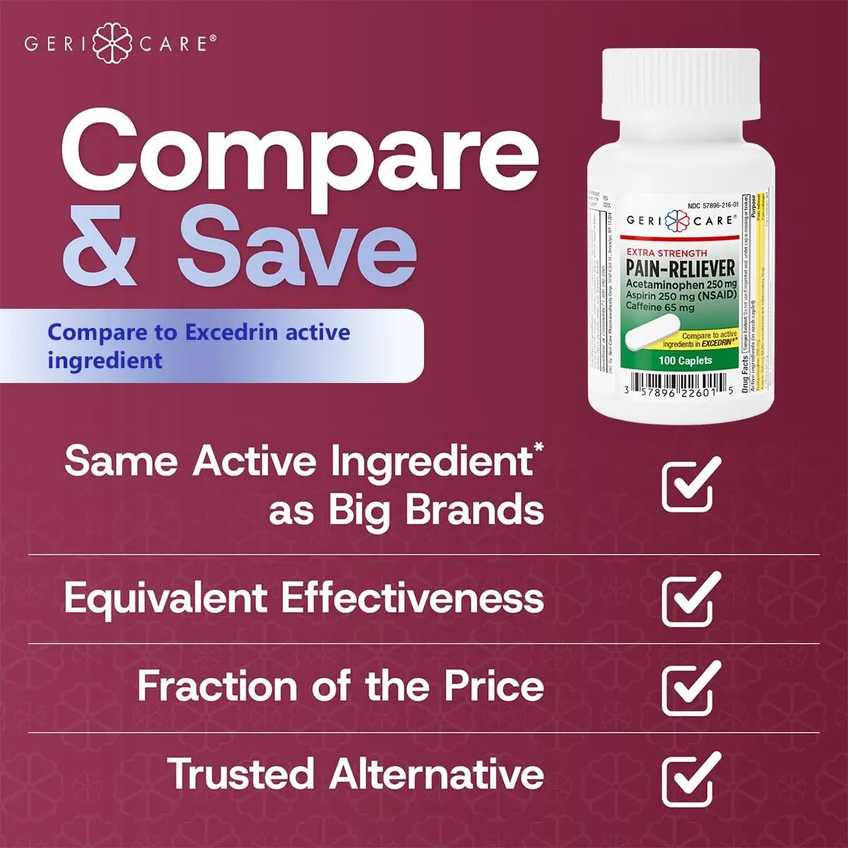 GeriCare Pain Reliever Extra Strength Caplets – 100 Count – Acetaminophen 250mg, Aspirin 250mg (NSAID), Caffeine 65mg – Powerful Triple-Action Formula for Headaches, Migraines & Minor Aches (2 Pack) - Maple Wellness Supplements