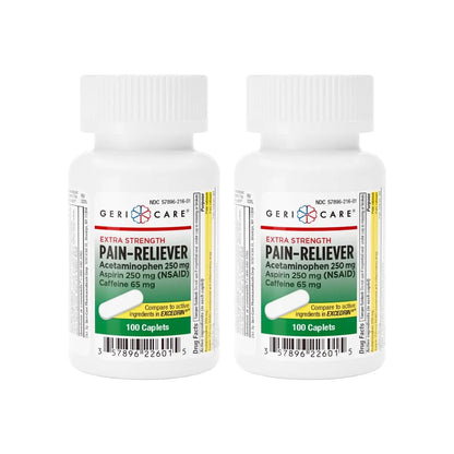 GeriCare Pain Reliever Extra Strength Caplets – 100 Count – Acetaminophen 250mg, Aspirin 250mg (NSAID), Caffeine 65mg – Powerful Triple-Action Formula for Headaches, Migraines & Minor Aches (2 Pack) - Maple Wellness Supplements