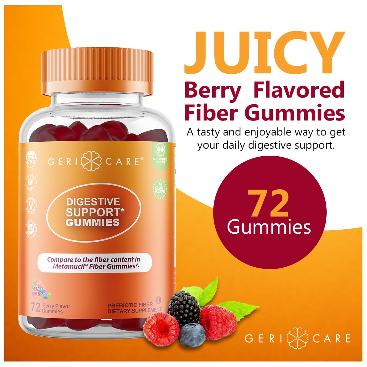 GeriCare Prebiotic Digestive Support, Gummies Compare to Metamucil Fiber Gummies, Berry Flavor, 72 Count, Plant-Based Fiber for Gut Health, Non-GMO, - Maple Wellness Supplements