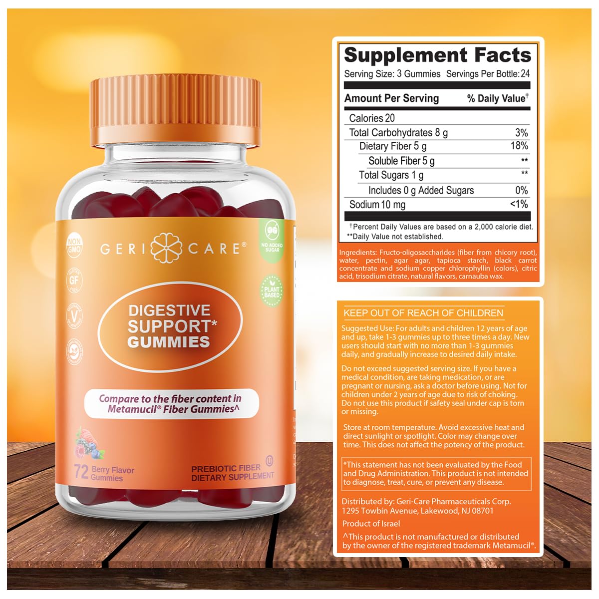 GeriCare Prebiotic Digestive Support, Gummies Compare to Metamucil Fiber Gummies, Berry Flavor, 72 Count, Plant-Based Fiber for Gut Health, Non-GMO, - Maple Wellness Supplements