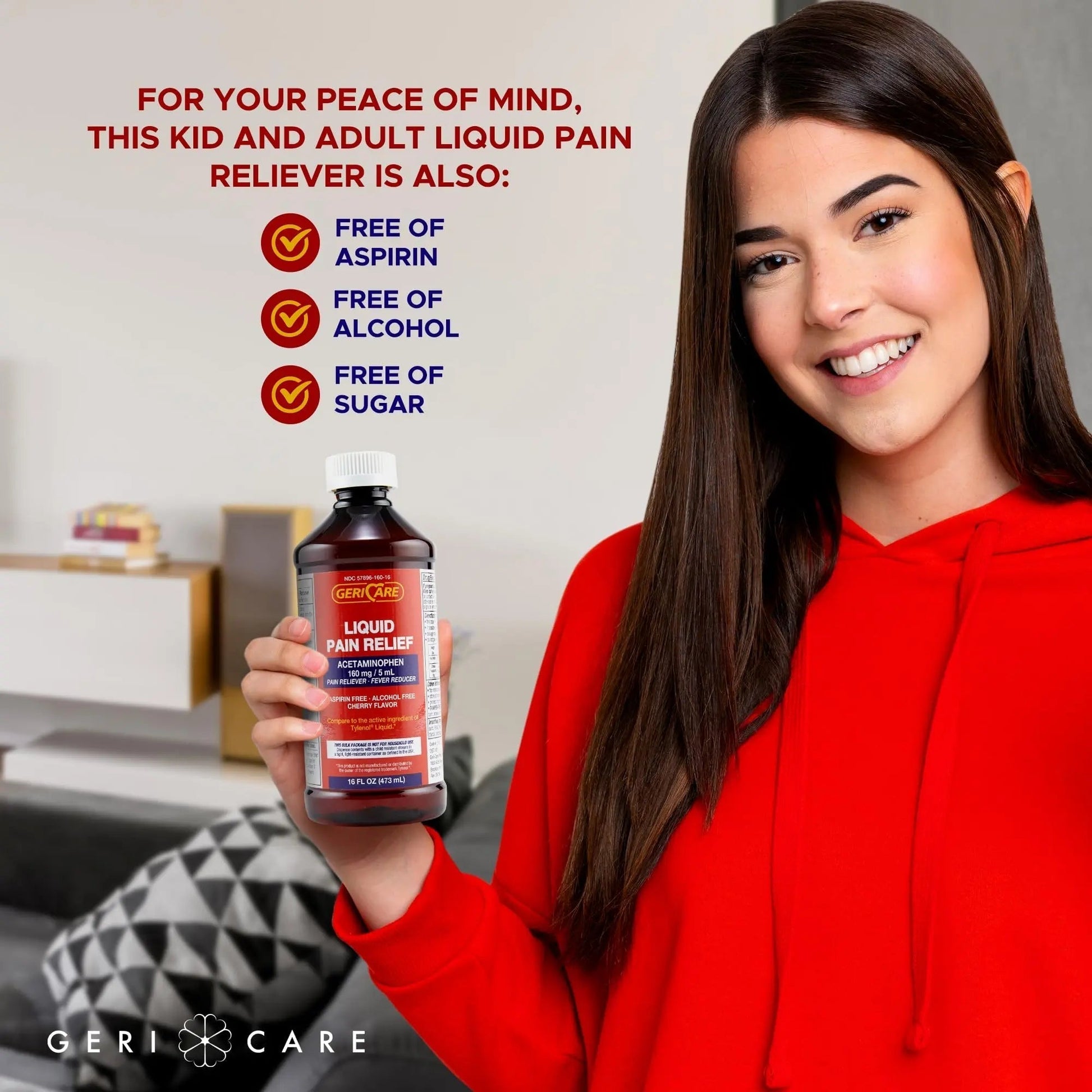 GeriCare Regular Strength Liquid Acetaminophen 160 mg, Pain Reliever, Fever Reducer, Aspirin & Alcohol Free, Cherry Flavored 16 Fl Oz (Pack of 2) - Maple Wellness Supplements