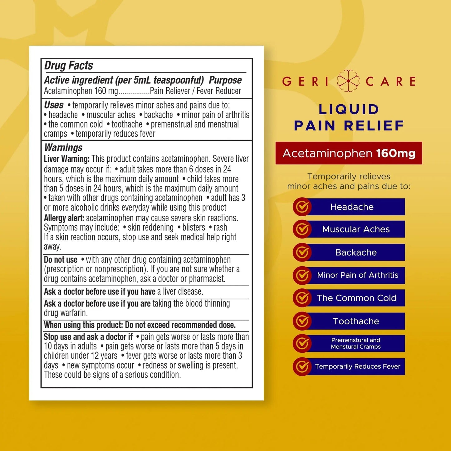 GeriCare Regular Strength Liquid Acetaminophen 160 mg, Pain Reliever, Fever Reducer, Aspirin & Alcohol Free, Cherry Flavored 16 Fl Oz (Pack of 2) - Maple Wellness Supplements