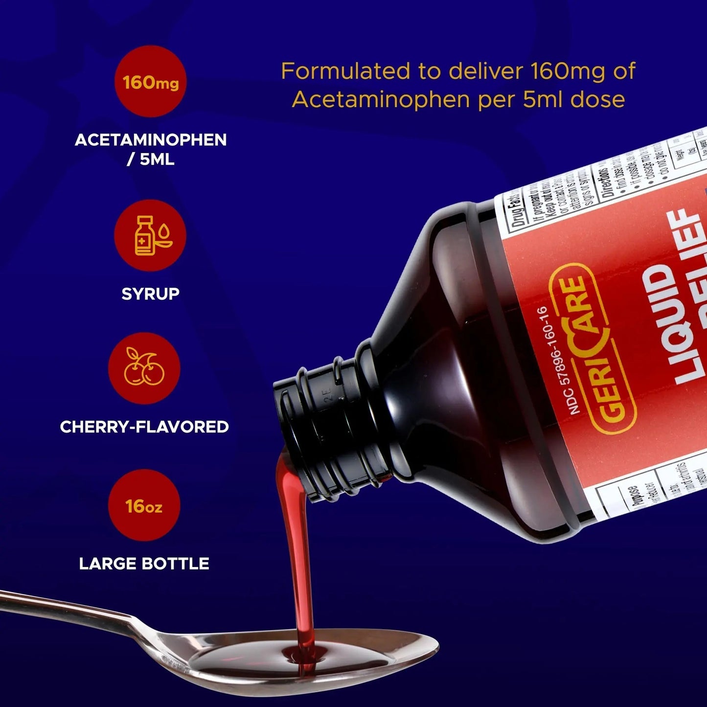 GeriCare Regular Strength Liquid Acetaminophen 160 mg, Pain Reliever, Fever Reducer, Aspirin & Alcohol Free, Cherry Flavored 16 Fl Oz (Pack of 2) - Maple Wellness Supplements