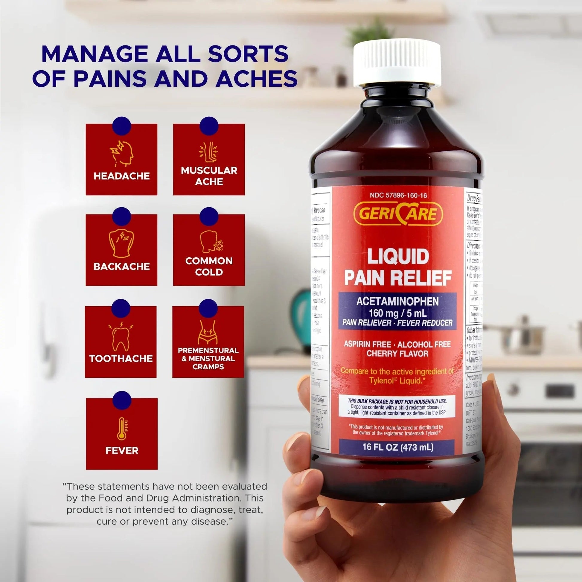 GeriCare Regular Strength Liquid Acetaminophen 160 mg, Pain Reliever, Fever Reducer, Aspirin & Alcohol Free, Cherry Flavored 16 Fl Oz (Pack of 2) - Maple Wellness Supplements