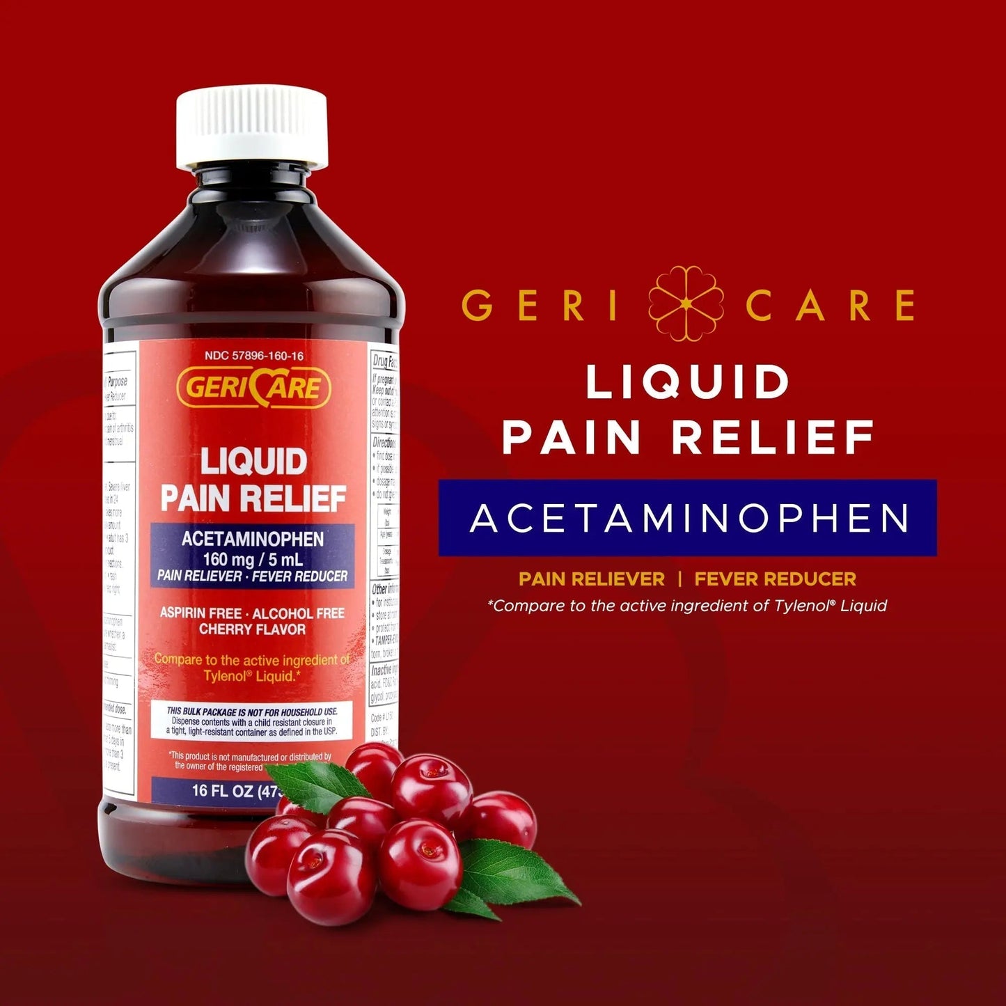GeriCare Regular Strength Liquid Acetaminophen 160 mg, Pain Reliever, Fever Reducer, Aspirin & Alcohol Free, Cherry Flavored 16 Fl Oz (Pack of 2) - Maple Wellness Supplements