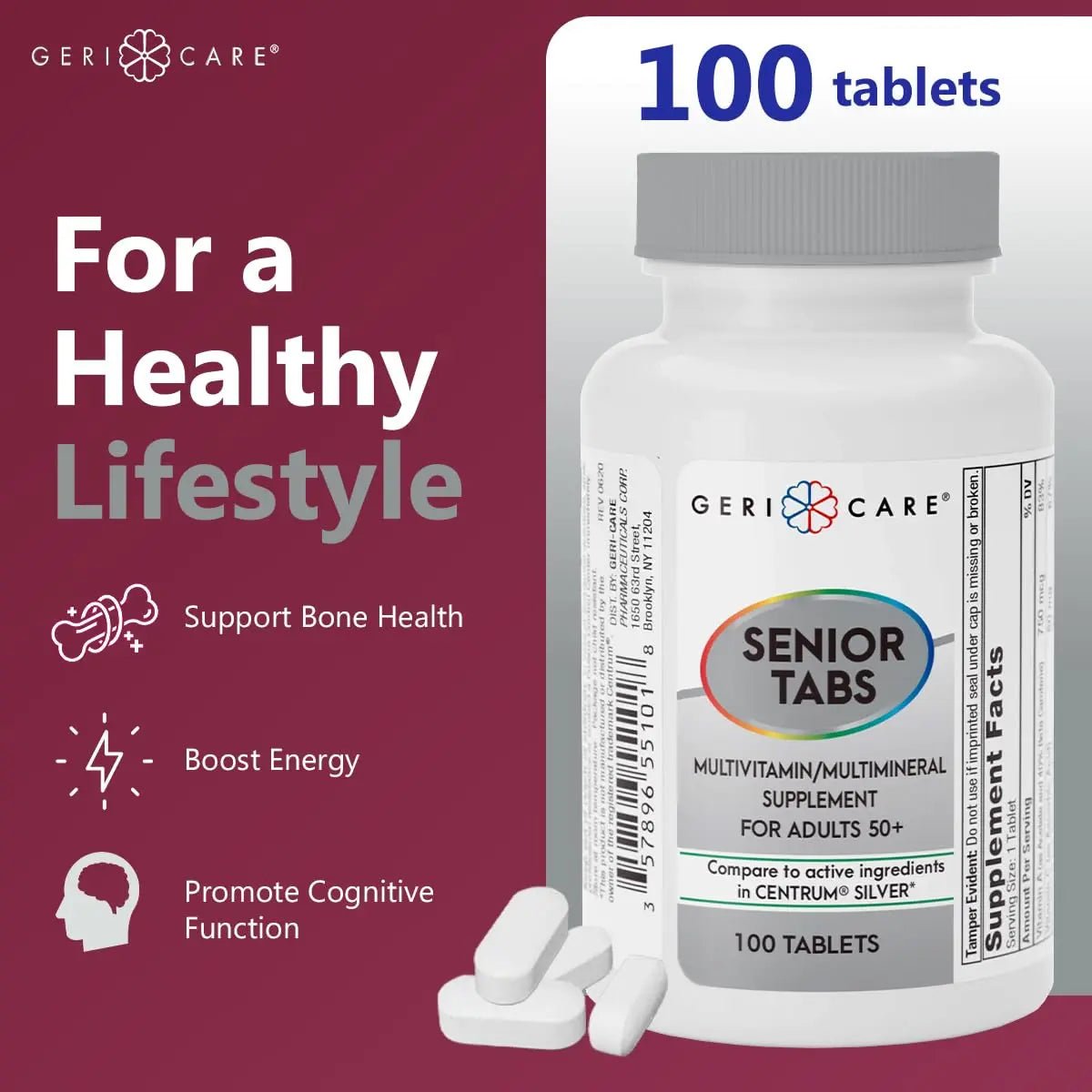 GeriCare Senior Tab 50+ Multivitamin and Minerals Tablets - Immune Support - Age-Defying Nutrition, 100 Count (Pack of 2) - Maple Wellness Supplements