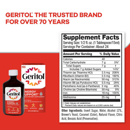 Geritol Liquid Vitamin and Iron Supplement, Energy Support, Contains High Potency B-Vitamins and Iron, Pleasant Tasting, Easy to Swallow - Maple Wellness Supplements