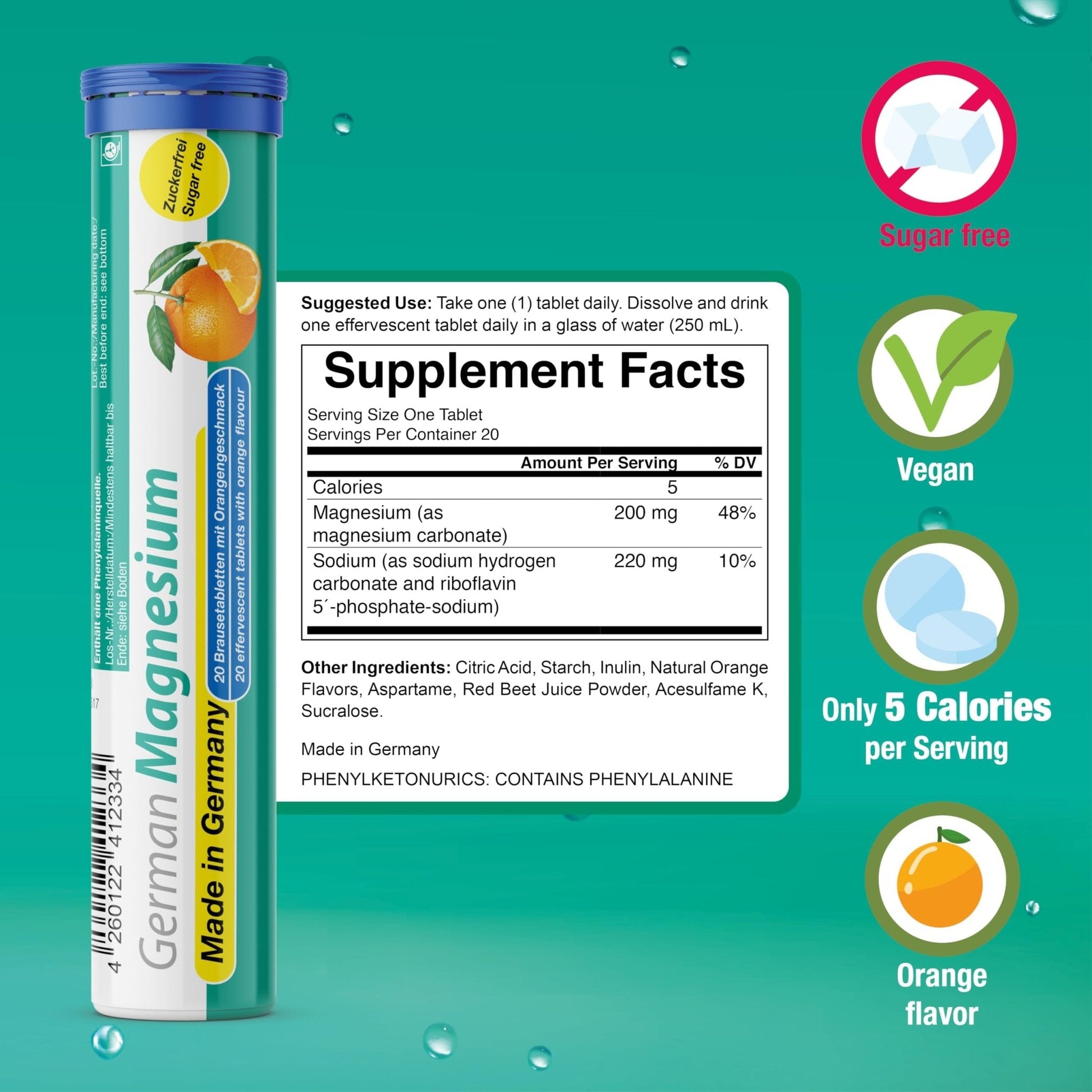 German Magnesium Oxide Supplement | Effervescent Tablets | Orange Flavor – 200 mg Magnesium per Serving | Sugar Free, Vegan – T&D Pharma – Made in Germany - Maple Wellness Supplements