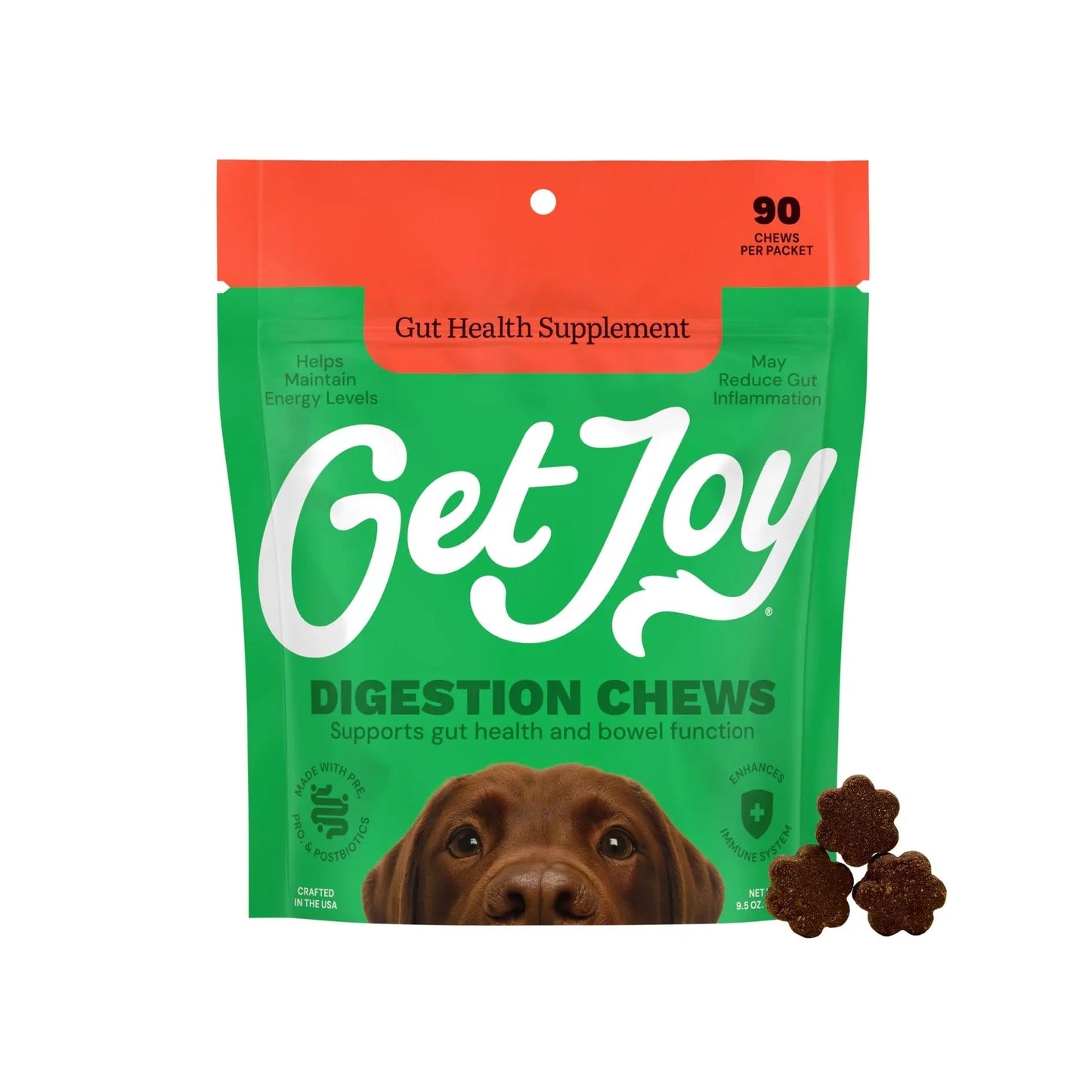 Get Joy Digestion Chews, Gut Health Supplement for Dogs, Vet Recommended Soft Daily Digestive Health & Immune Support with Prebiotics, Probiotics & Postbiotics, Made in USA, 90 Count - Maple Wellness Supplements