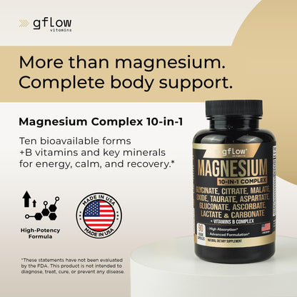 gflow vitamins Magnesium Complex Supplement - 10 Active Forms, Glycinate, Citrate, Malate, Oxide, Taurate, Aspartate, Gluconate, Ascorbate, Lactate, Carbonate, Plus More with Vitamin C B1 B2 B6 B12 - Maple Wellness Supplements