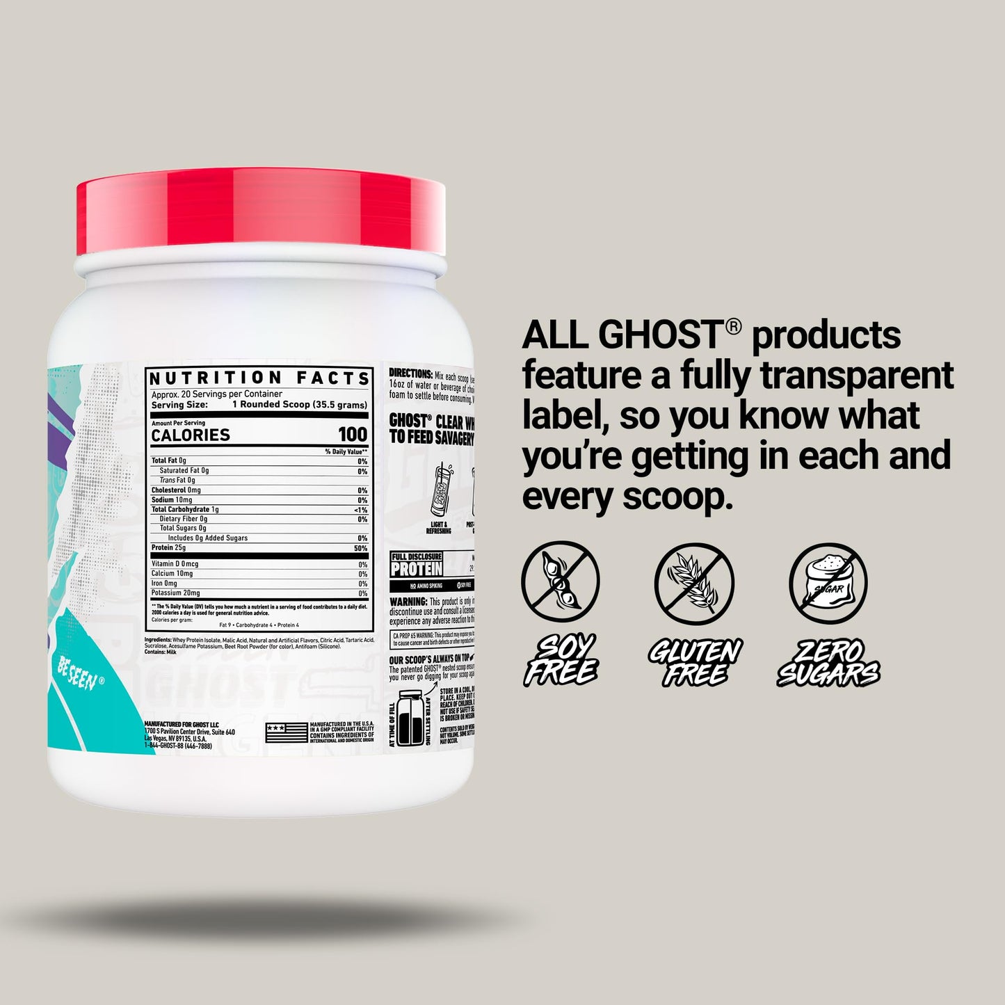 GHOST Clear Whey Isolate Protein Powder, Strawberry Watermelon - 1.57 LB Tub, 25G of Whey Protein - Post Workout Drink for Muscle Gain & Recovery – Sugar Free, Soy Free & Zero Fat, 20 Servings - Maple Wellness Supplements