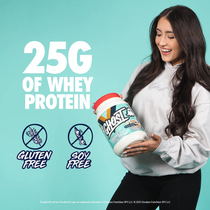 GHOST Whey Protein Powder, Cinnabon - 2LB Tub, 25G of Protein - Cinnamon Roll Flavore - Maple Wellness Supplements