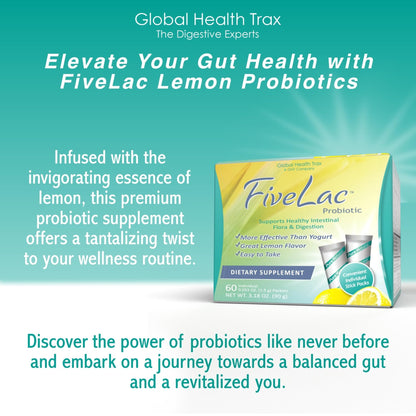 GHT - FiveLac Lemon Probiotic Powder Drink Mix, Probiotics for Women, Men, and Kids - Smooth Digestive Support and Elimination - Relieves Occasional Constipation and Gas - 60 Packets (3 Pack) Non-GMO - Maple Wellness Supplements