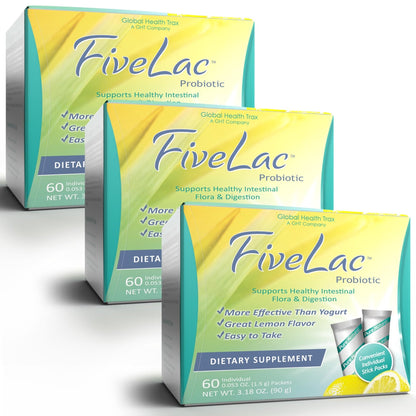 GHT - FiveLac Lemon Probiotic Powder Drink Mix, Probiotics for Women, Men, and Kids - Smooth Digestive Support and Elimination - Relieves Occasional Constipation and Gas - 60 Packets (3 Pack) Non-GMO - Maple Wellness Supplements