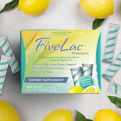 GHT - FiveLac Lemon Probiotic Powder Drink Mix, Probiotics for Women, Men, and Kids - Smooth Digestive Support and Elimination - Relieves Occasional Constipation and Gas - 60 Packets (3 Pack) Non-GMO - Maple Wellness Supplements
