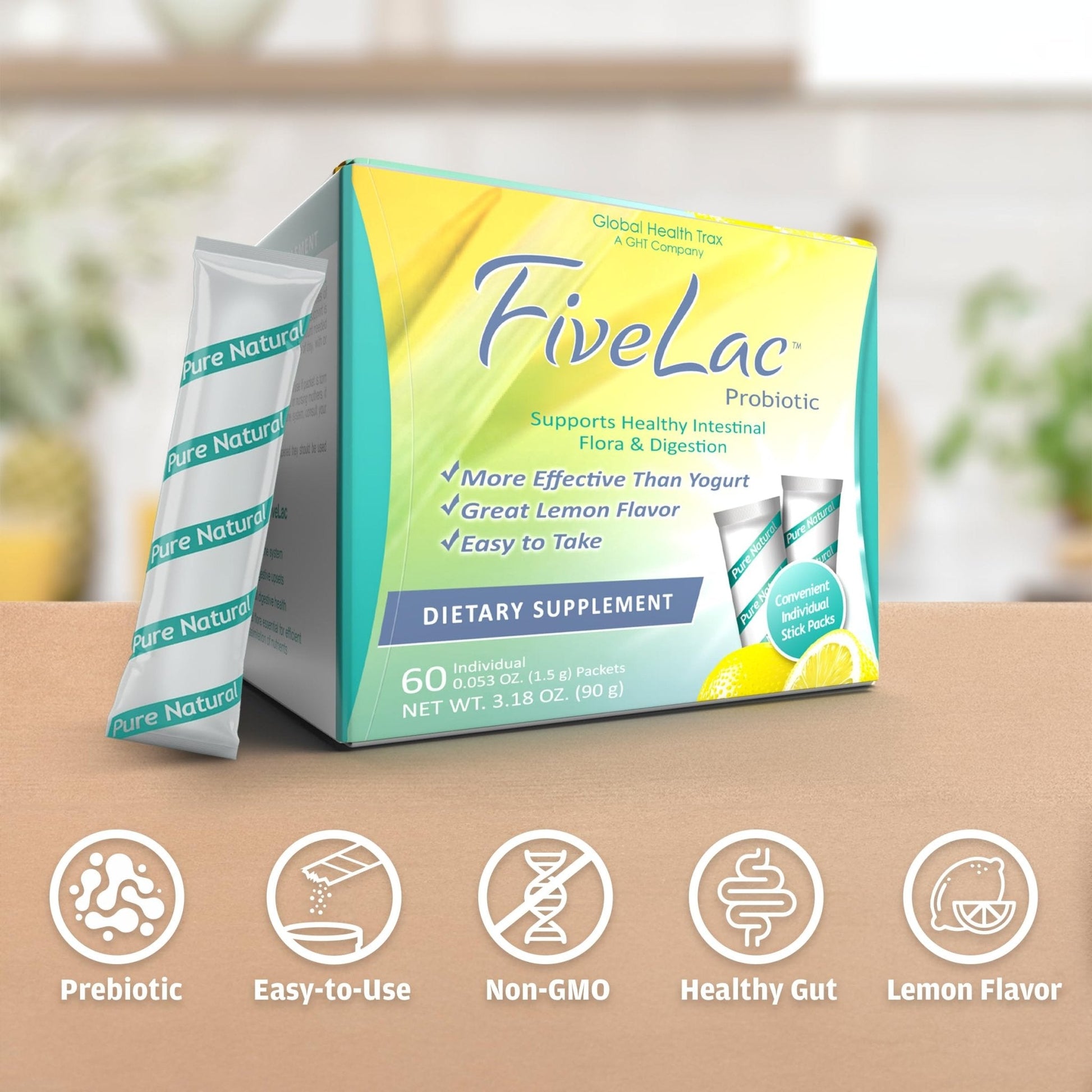 GHT - FiveLac Lemon Probiotic Powder Drink Mix, Probiotics for Women, Men, and Kids - Smooth Digestive Support and Elimination - Relieves Occasional Constipation and Gas - 60 Packets (3 Pack) Non-GMO - Maple Wellness Supplements