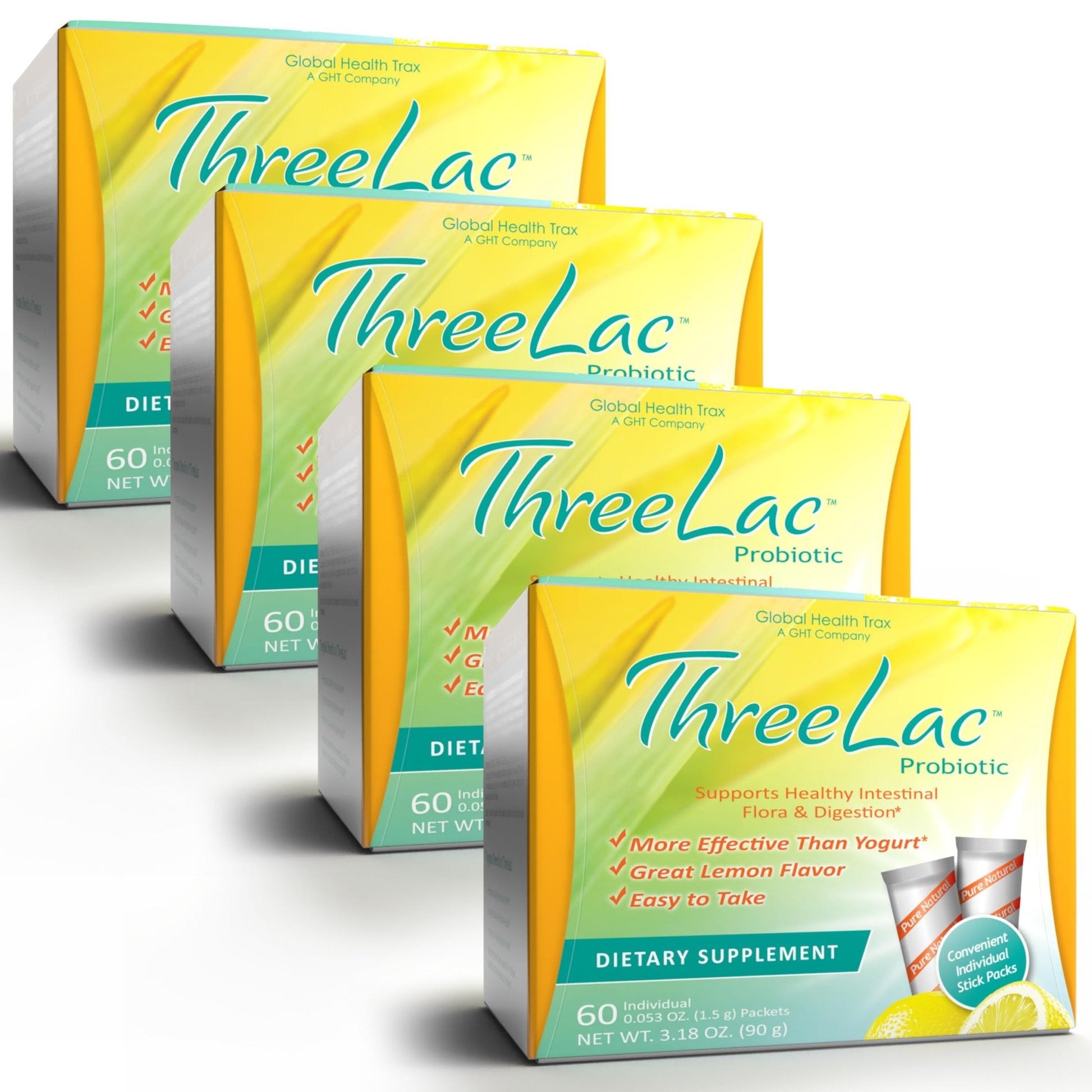GHT - ThreeLac Lemon Probiotic Drink Mix for Digestive Health - Advanced Probiotic Powder Formula for Men, Women, and Kids - Immune Support & Gut Balance, Non-GMO - 240 Packets - Maple Wellness Supplements