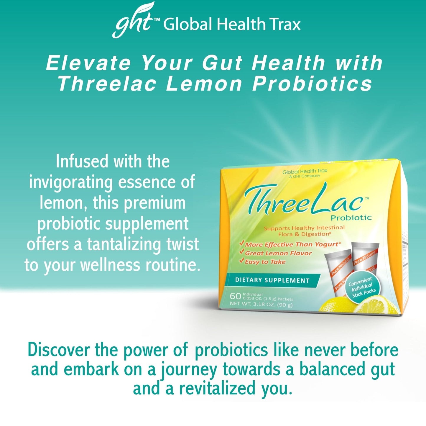 GHT - ThreeLac Lemon Probiotic Drink Mix for Digestive Health - Advanced Probiotic Powder Formula for Men, Women, and Kids - Immune Support & Gut Balance, Non-GMO - 240 Packets - Maple Wellness Supplements