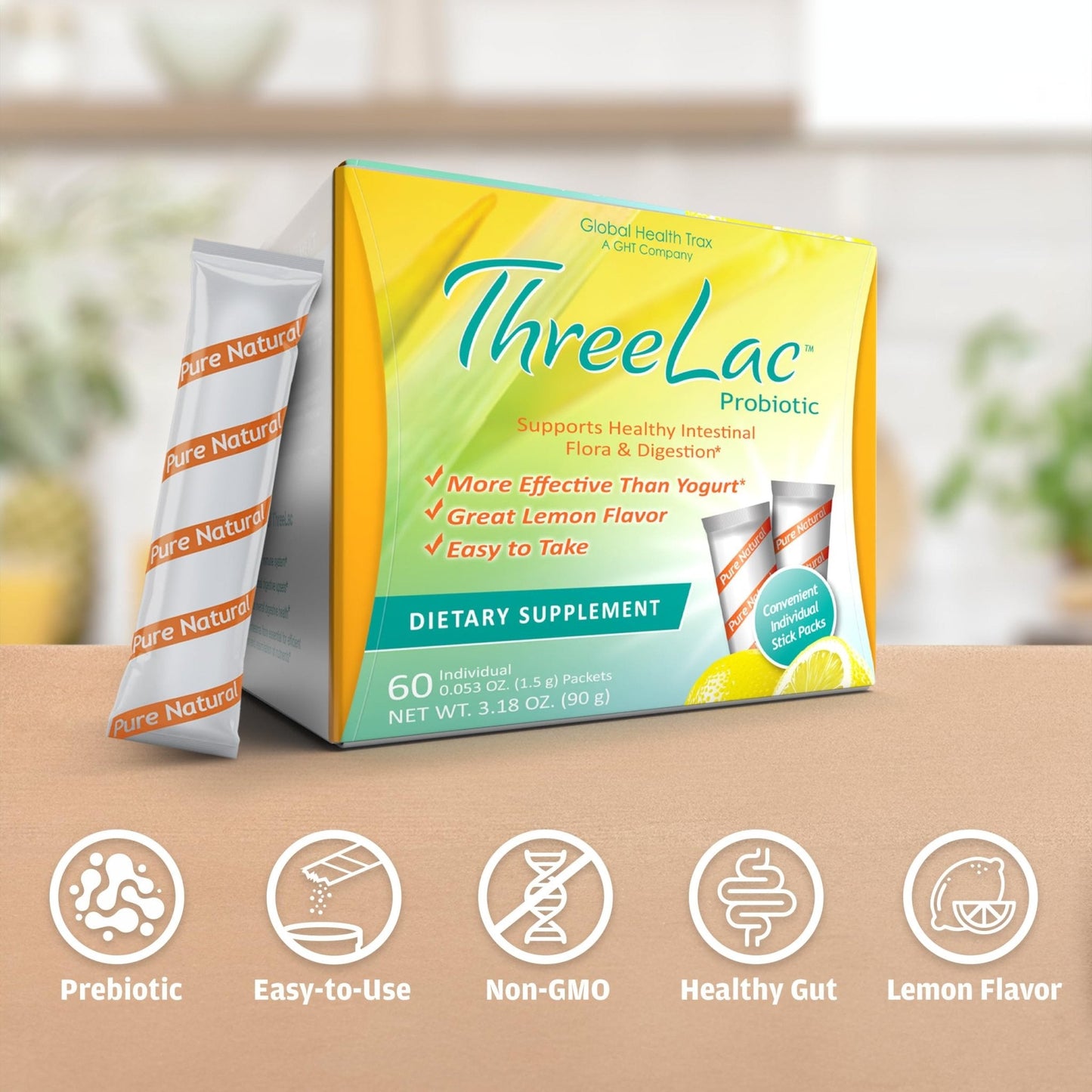 GHT - ThreeLac Lemon Probiotic Drink Mix for Digestive Health - Advanced Probiotic Powder Formula for Men, Women, and Kids - Immune Support & Gut Balance, Non-GMO - 240 Packets - Maple Wellness Supplements
