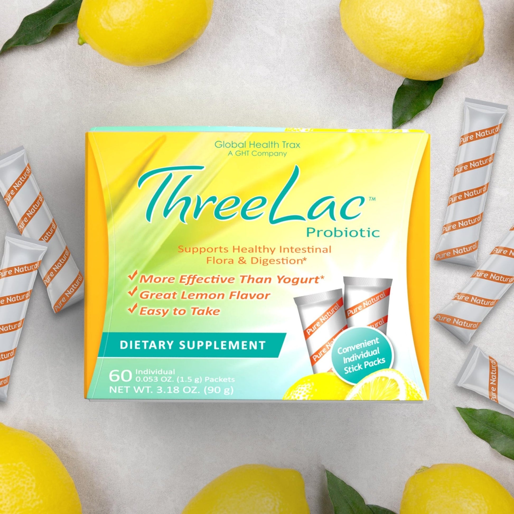 GHT - ThreeLac Lemon Probiotic Drink Mix for Digestive Health - Advanced Probiotic Powder Formula for Men, Women, and Kids - Immune Support & Gut Balance, Non-GMO - 240 Packets - Maple Wellness Supplements