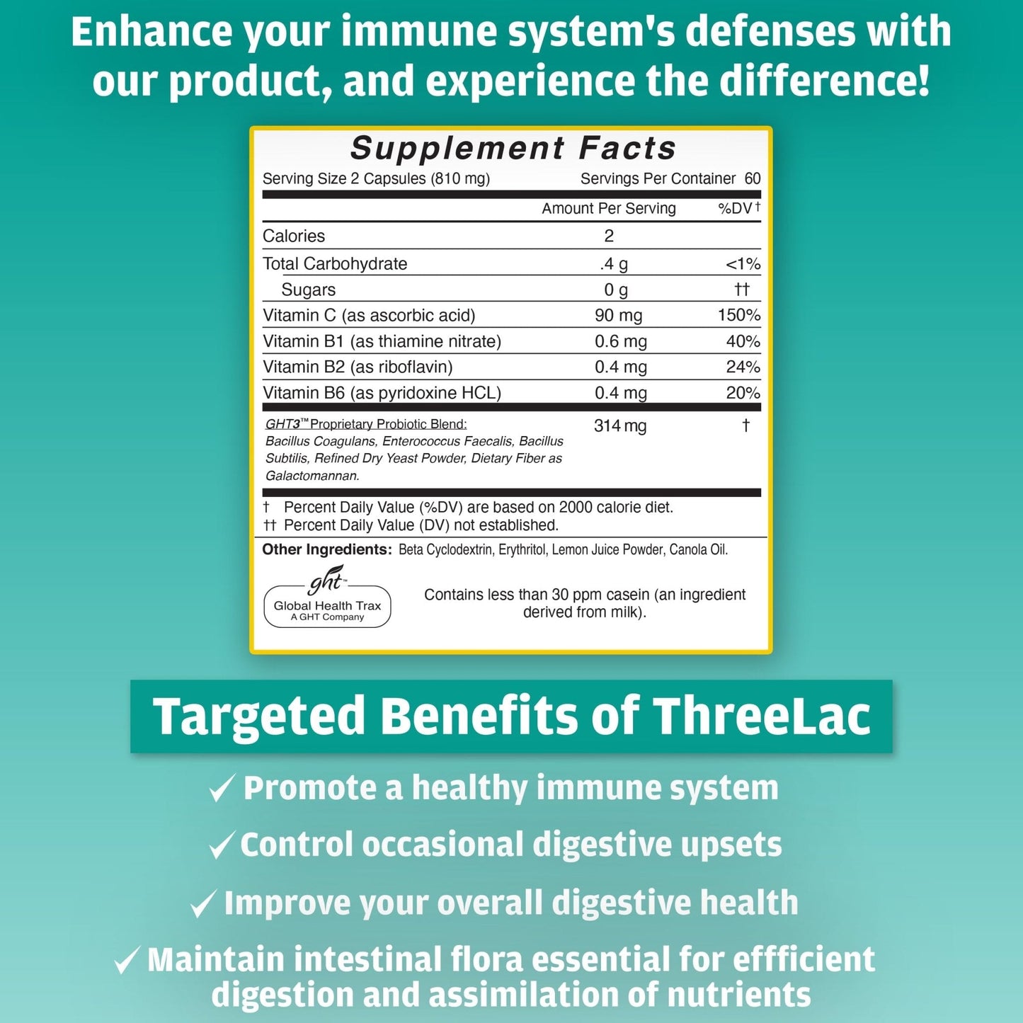 GHT - ThreeLac Probiotic Capsules, 240 Ct - Comprehensive Digestive Support for Men, Women, and Children - Immune System and Gut Balance, Non-GMO - Maple Wellness Supplements