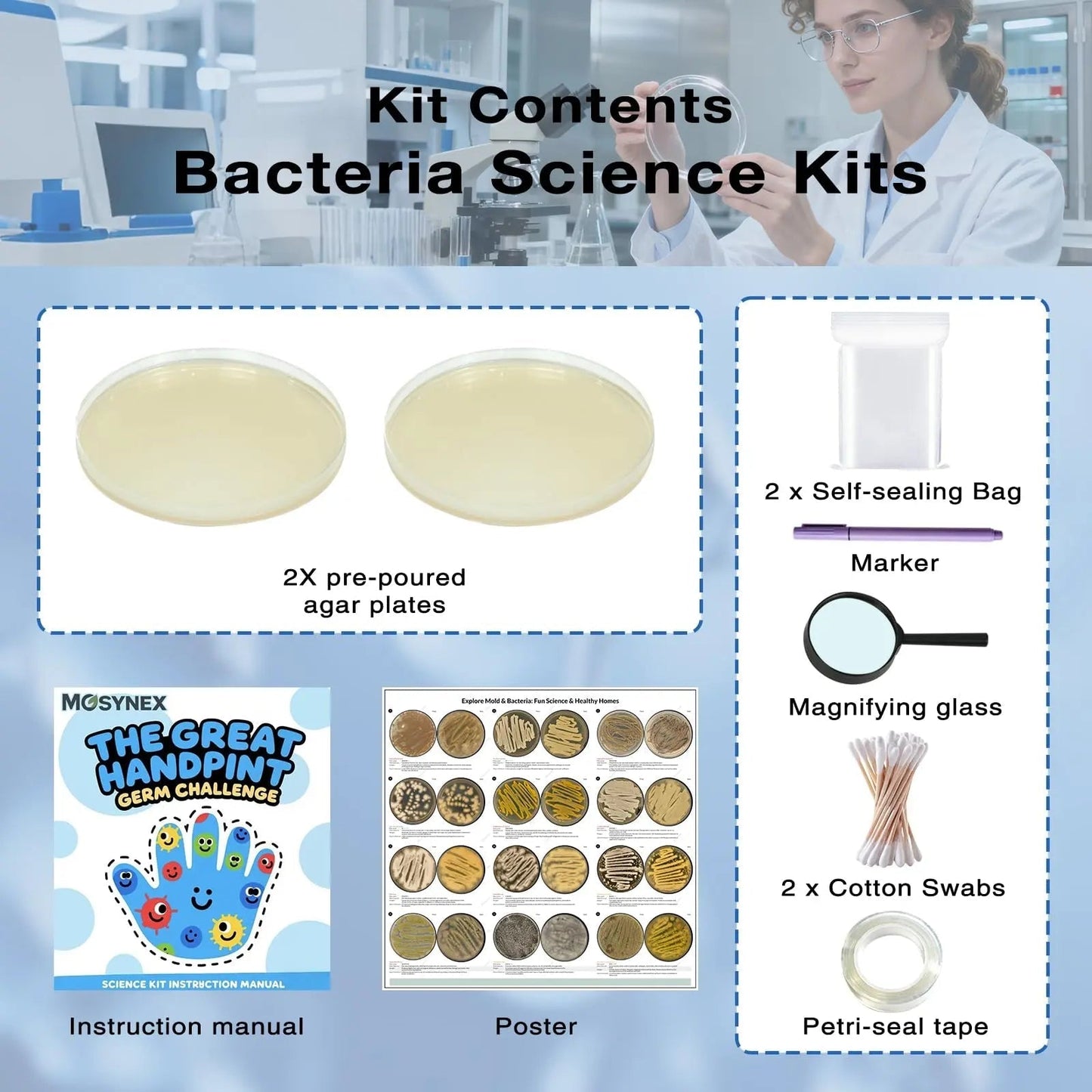 Giant Microbiology Bacteria Science Kit for Kids:2 XL 150mm Prepoured Nutrient Agar Plates, Petri Dishes with Agar & Colony Characteristics Poster for School Projects & Educational Gifts - Maple Wellness Supplements