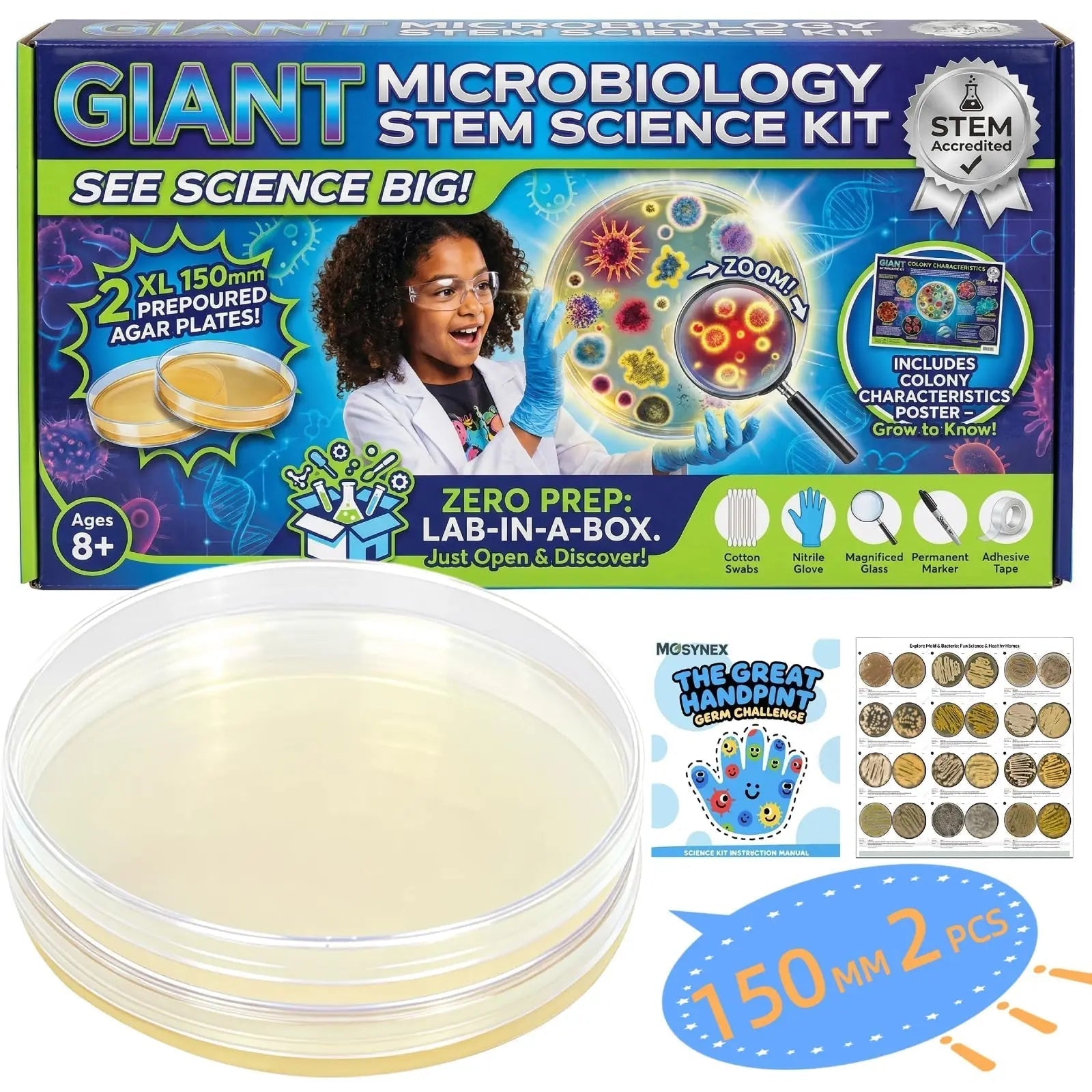 Giant Microbiology Bacteria Science Kit for Kids:2 XL 150mm Prepoured Nutrient Agar Plates, Petri Dishes with Agar & Colony Characteristics Poster for School Projects & Educational Gifts - Maple Wellness Supplements
