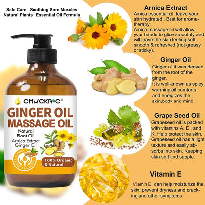 Ginger Oil,Ginger Massage Oil for Lymphatic Drainage,Natural Body Oil for Skin,Arnica Oil,Sore Muslce Massage Oil,Spa Ginger Oil-Warming and Relaxing for Mothers Day Gifts for Wife,Fathers Day Gift - Maple Wellness Supplements