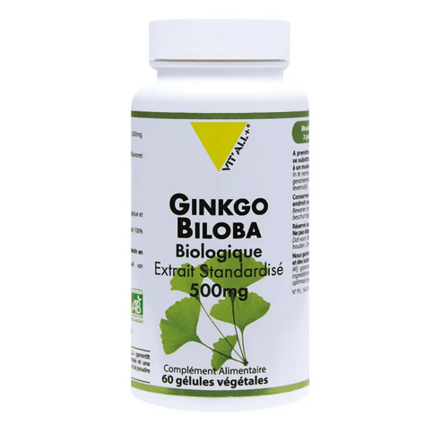 Ginkgo Biloba BIO 500mg Extrait standardisé 60 gélules VIT'ALL+ - Maple Wellness Supplements