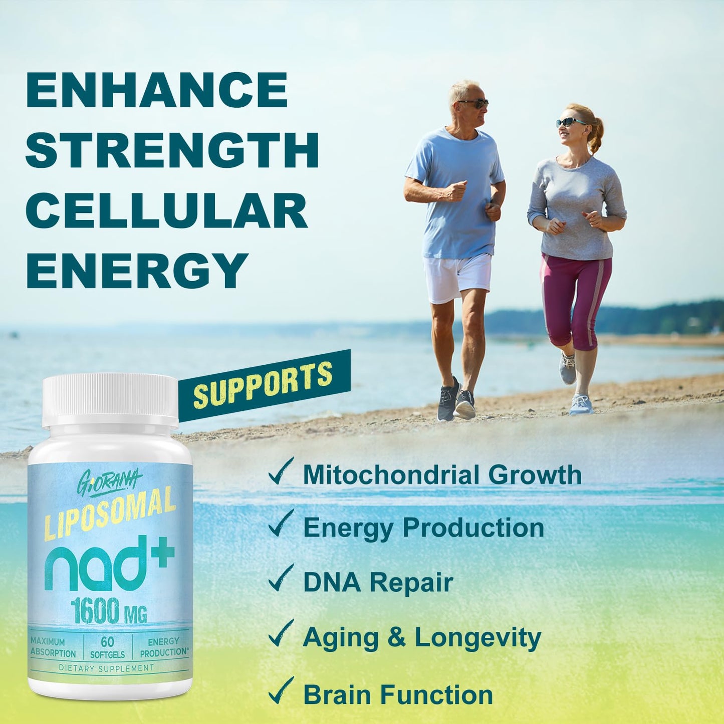 GIORANA 1600 MG Liposomal NAD+ Supplement, NAD+ Boosting Supplement, Superior Absorption, Vitamin B3 for Aging Defense, Longevity, Energy, Repair, Non-GMO, 60 Softgels - Maple Wellness Supplements