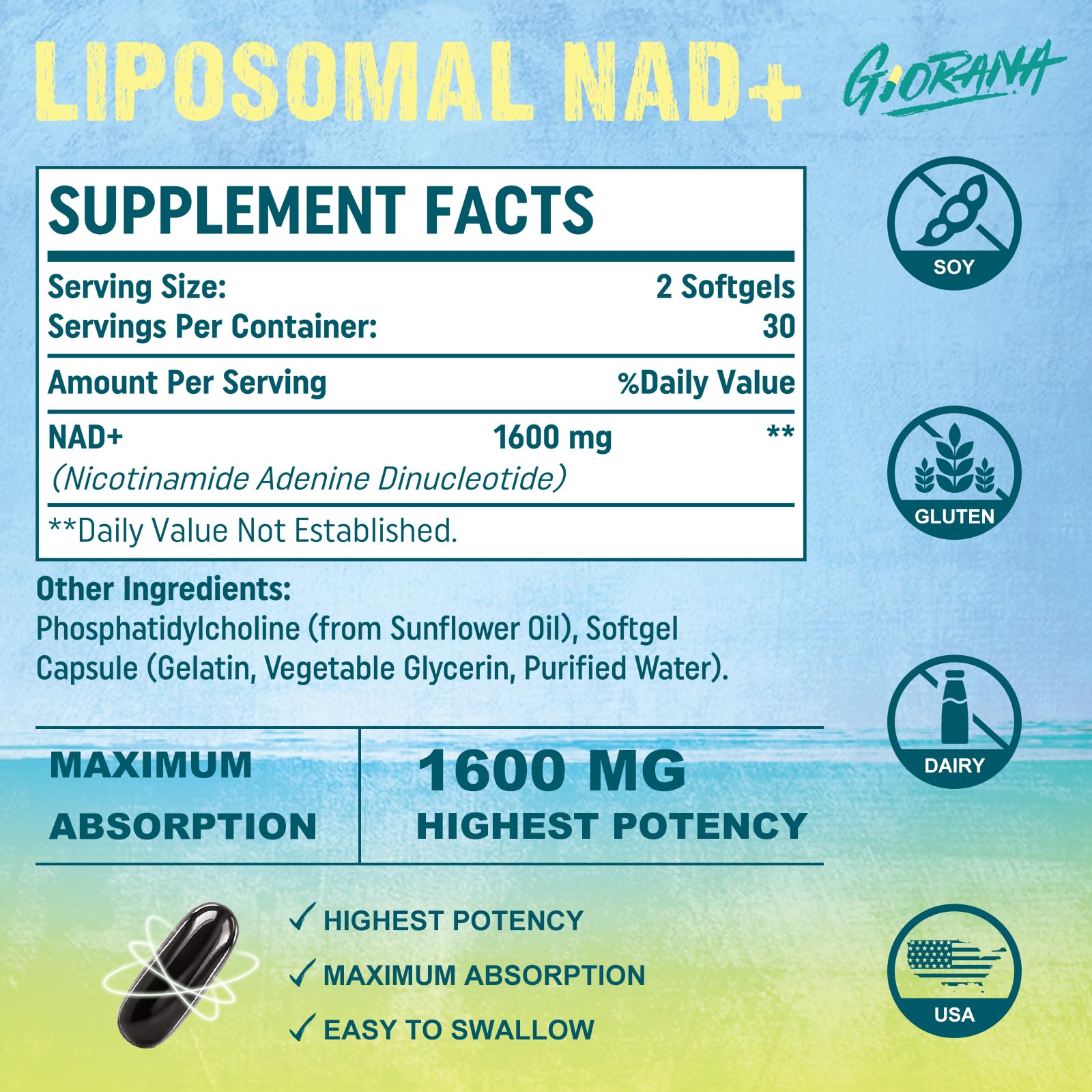 GIORANA 1600 MG Liposomal NAD+ Supplement, NAD+ Boosting Supplement, Superior Absorption, Vitamin B3 for Aging Defense, Longevity, Energy, Repair, Non-GMO, 60 Softgels - Maple Wellness Supplements