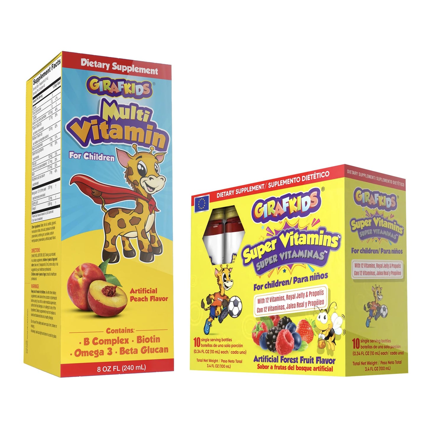 GirafKids Multivitamin Syrup + Super Vitamins Liquid Bundle for Kids Ages 4+ | Omega-3, Beta Glucan, Royal Jelly & Propolis | - Maple Wellness Supplements