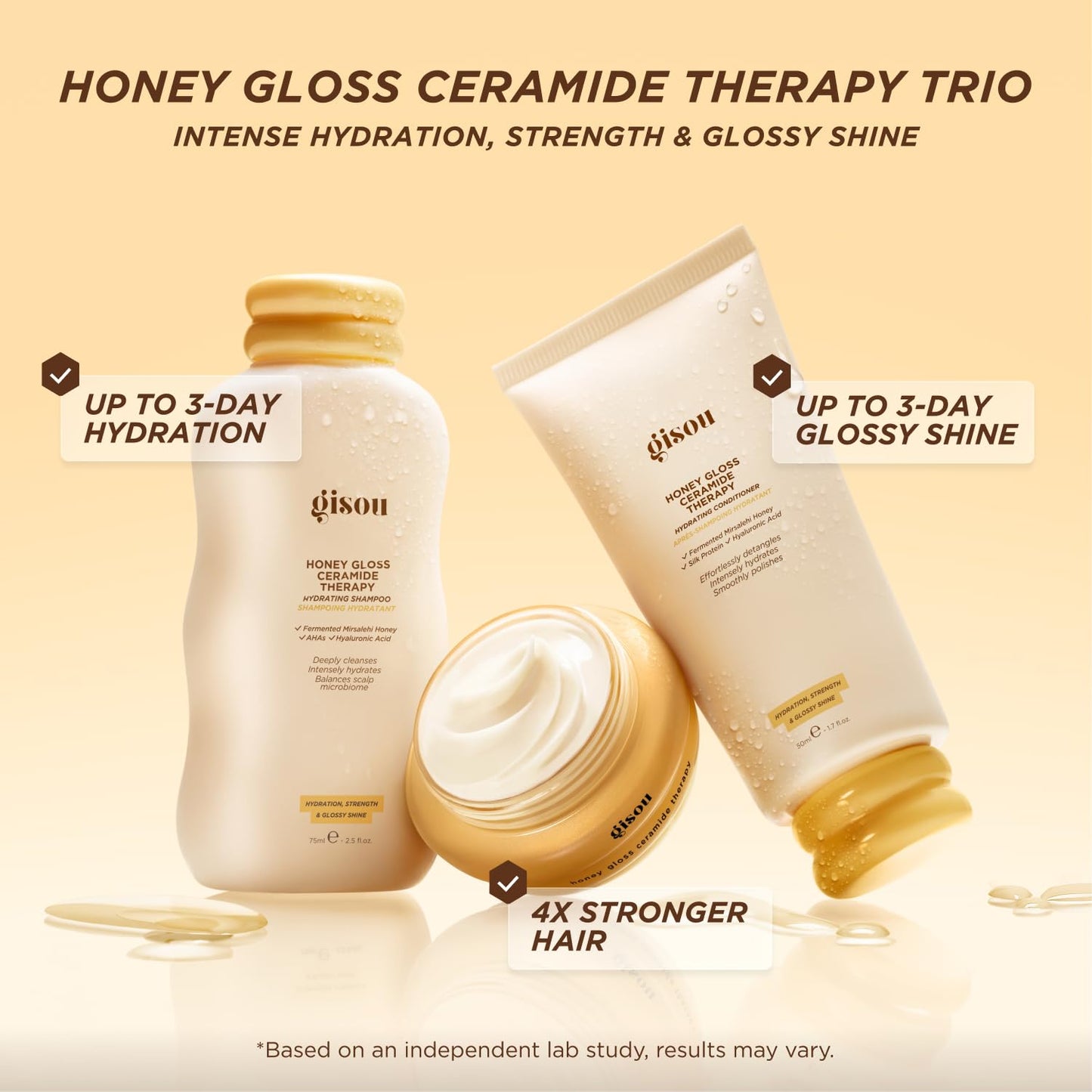 Gisou Honey Gloss Hair Therapy Trio - Mini Shampoo, Hair Mask and Conditioner for smoother, stronger and glossier hair - Maple Wellness Supplements