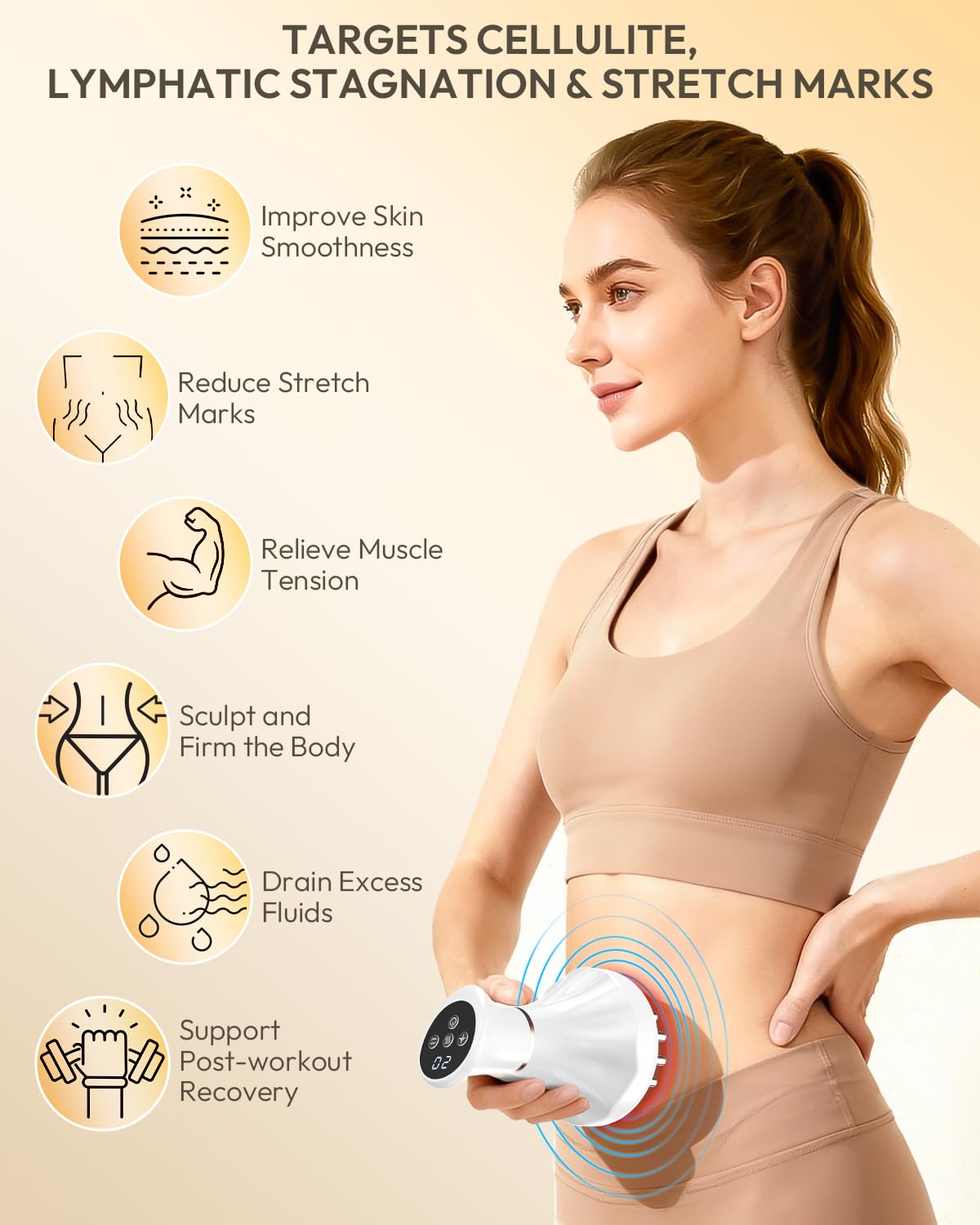 Glamesty Lymphatic Drainage Massager & Anti Cellulite Massage Tool, Body Sculpting Machine with Light, Soothing Pulse, Heat & Vibration, Heated Lymph Brush for Legs, Hip, Arms, Belly (White) - Maple Wellness Supplements